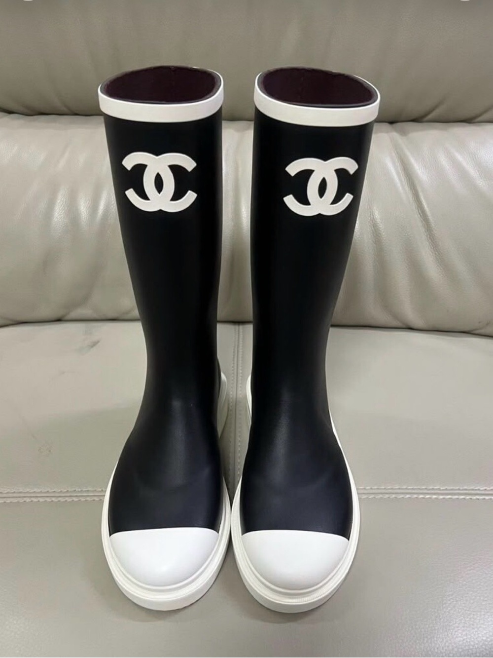 CHANEL Black and White Logo Tall Rubber Rain Boots